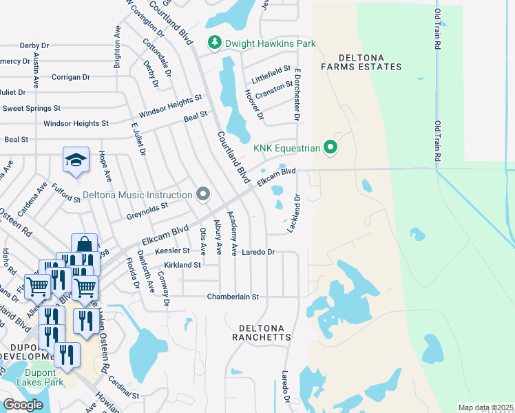 map of restaurants, bars, coffee shops, grocery stores, and more near 2500 Courtland Boulevard in Deltona