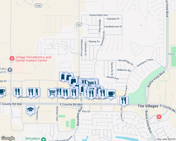 map of restaurants, bars, coffee shops, grocery stores, and more near 36 Lesile Lane in The Villages