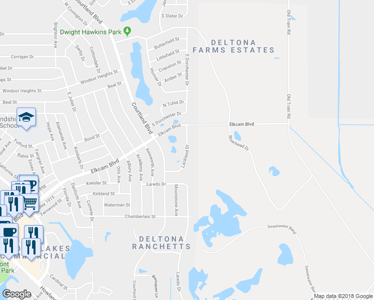 map of restaurants, bars, coffee shops, grocery stores, and more near 2439 Lackland Drive in Deltona