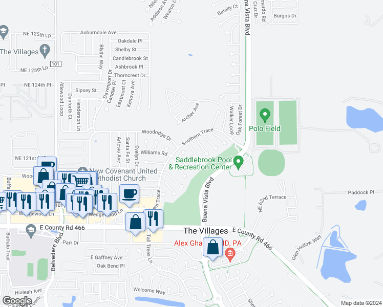 map of restaurants, bars, coffee shops, grocery stores, and more near 3170 Hudson Court in The Villages