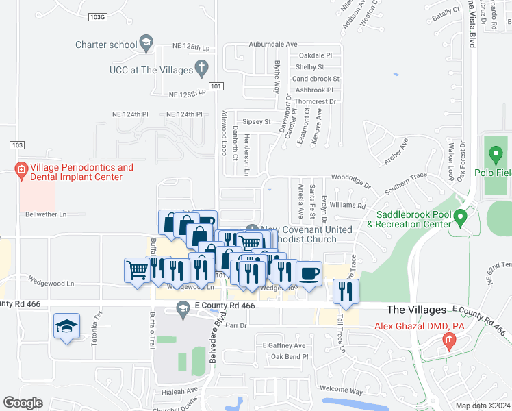 map of restaurants, bars, coffee shops, grocery stores, and more near 3447 Cambria Circle in The Villages
