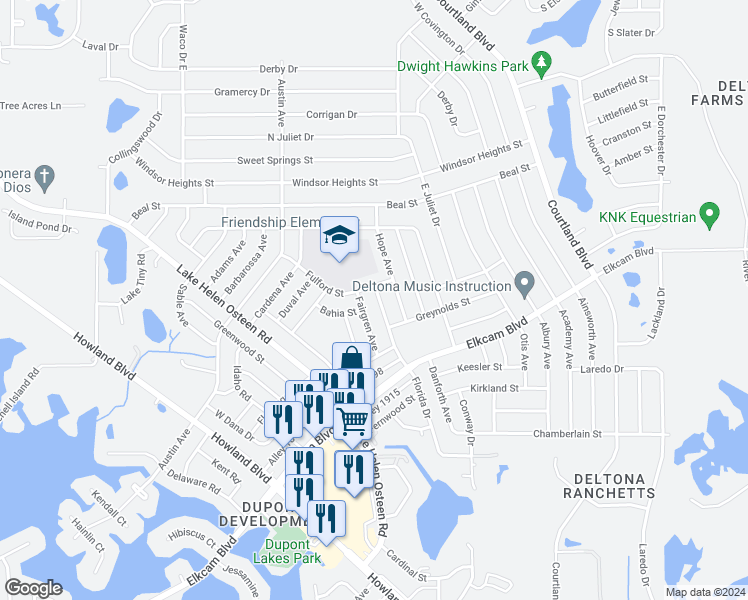 map of restaurants, bars, coffee shops, grocery stores, and more near 2372 Florida Drive in Deltona