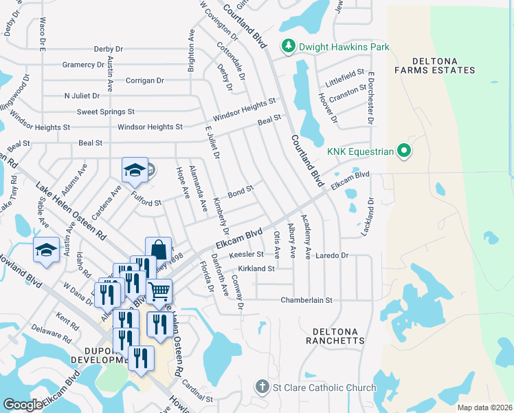 map of restaurants, bars, coffee shops, grocery stores, and more near 2479 Otis Avenue in Deltona