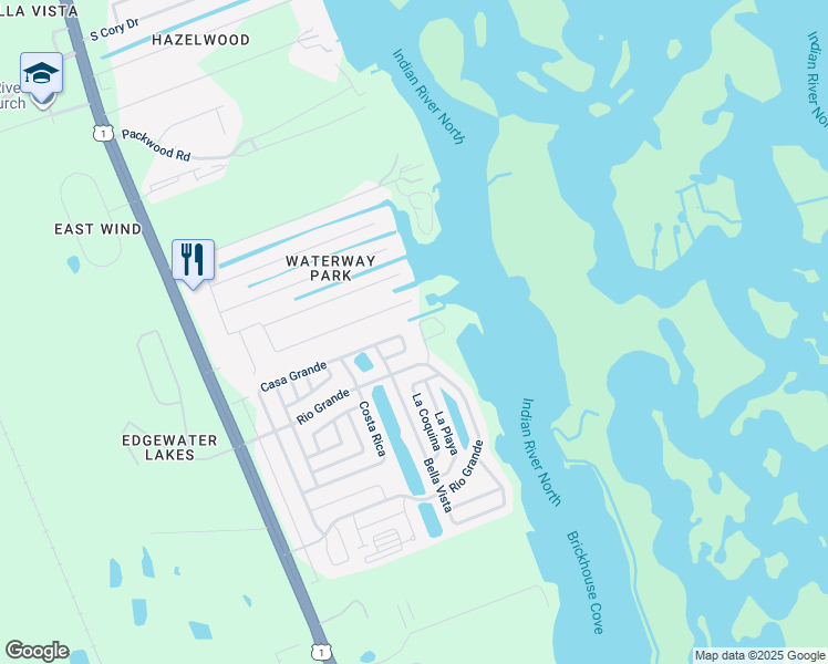 map of restaurants, bars, coffee shops, grocery stores, and more near 174 Poinciana Road in Edgewater