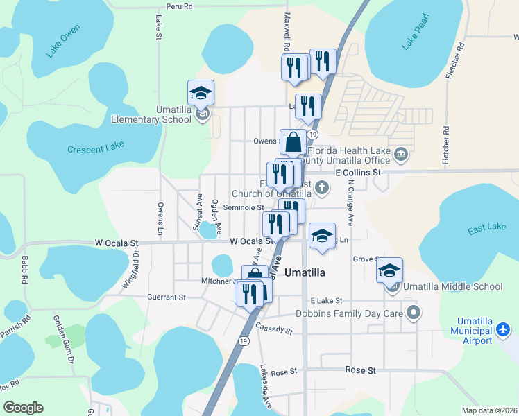 map of restaurants, bars, coffee shops, grocery stores, and more near 512 Winogene Avenue in Umatilla