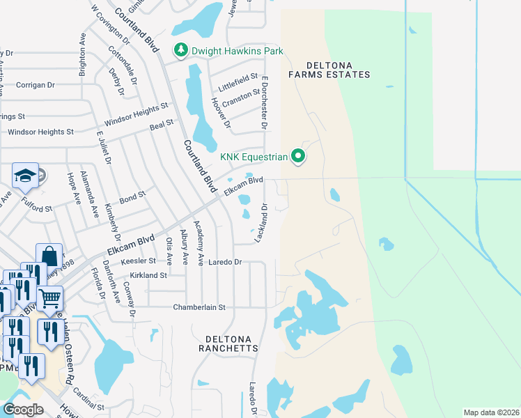 map of restaurants, bars, coffee shops, grocery stores, and more near 2440 Lackland Drive in Deltona