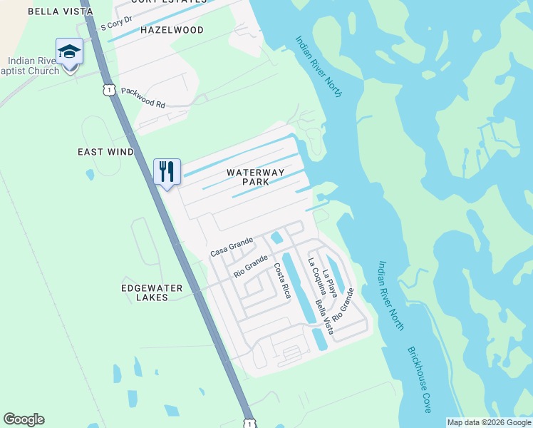 map of restaurants, bars, coffee shops, grocery stores, and more near 163 Poinciana Road in Edgewater