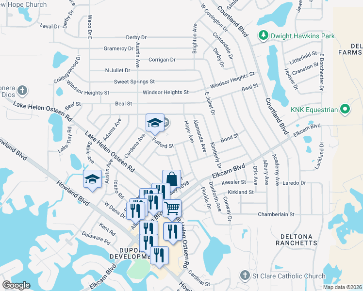 map of restaurants, bars, coffee shops, grocery stores, and more near 2802 Fulford Street in Deltona