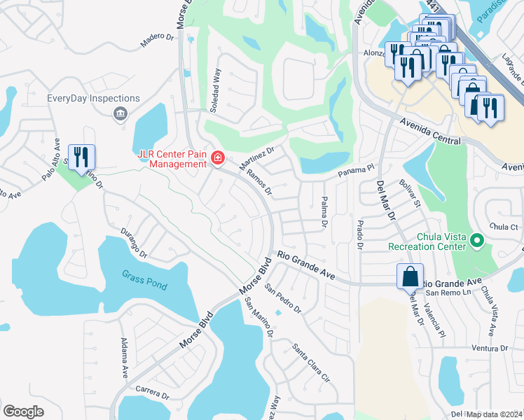 map of restaurants, bars, coffee shops, grocery stores, and more near 715 Villita Lane in The Villages