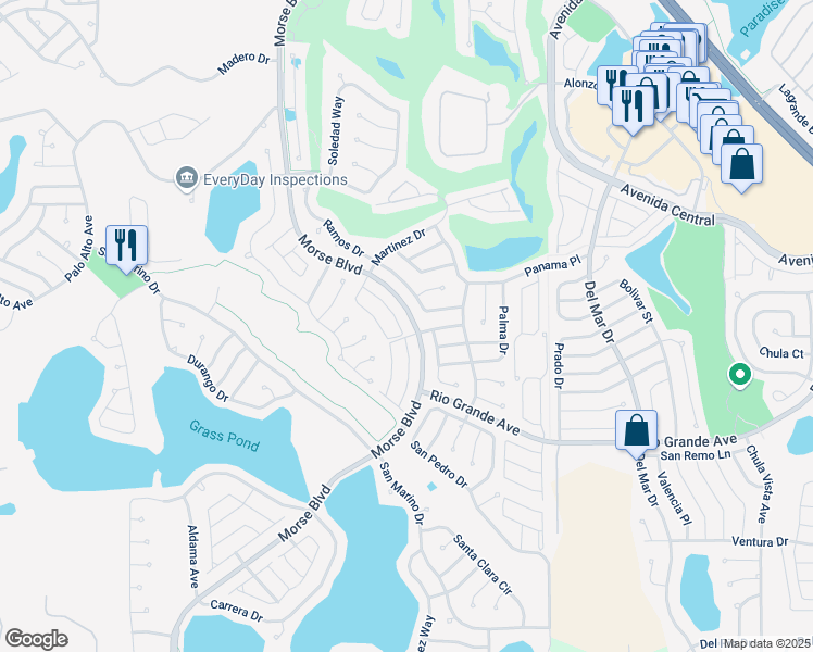 map of restaurants, bars, coffee shops, grocery stores, and more near 705 Villita Lane in The Villages