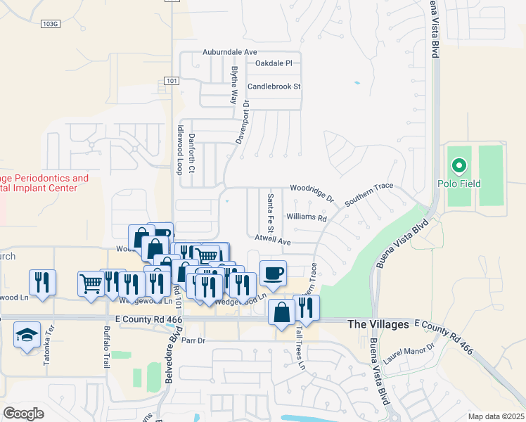 map of restaurants, bars, coffee shops, grocery stores, and more near 743 Artesia Avenue in The Villages