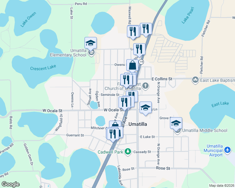 map of restaurants, bars, coffee shops, grocery stores, and more near 210 Kentucky Avenue in Umatilla