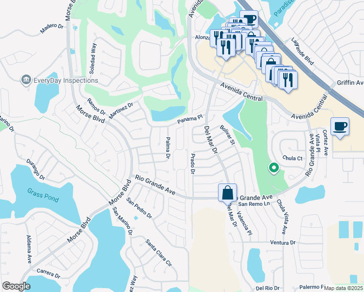 map of restaurants, bars, coffee shops, grocery stores, and more near 735 Ramirez Avenue in The Villages
