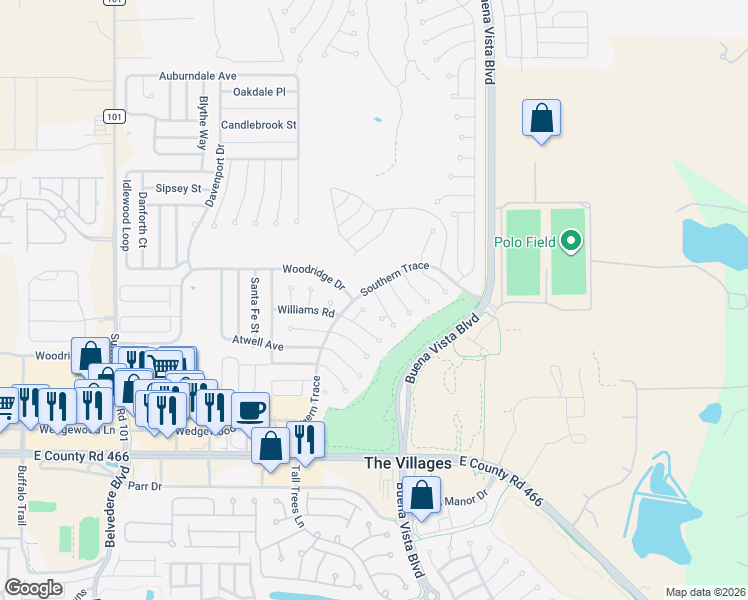 map of restaurants, bars, coffee shops, grocery stores, and more near 3195 Hudson Court in The Villages