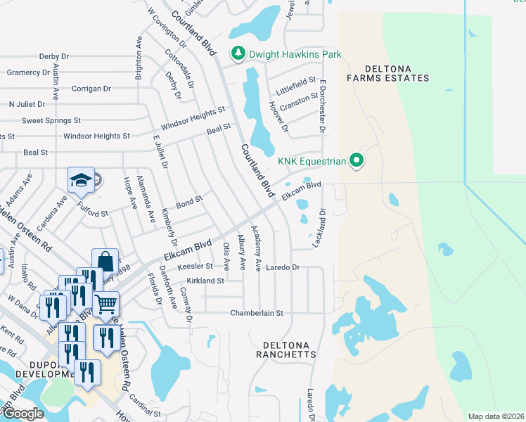 map of restaurants, bars, coffee shops, grocery stores, and more near 3090 Elkcam Boulevard in Deltona