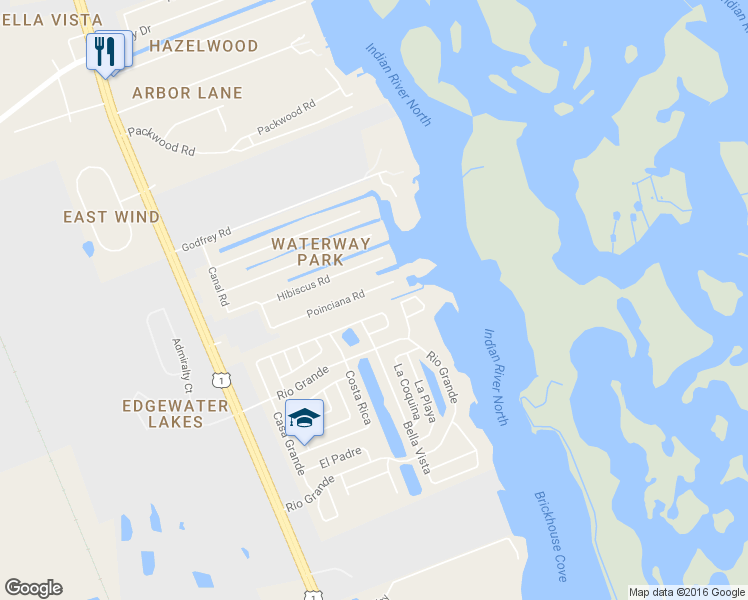 map of restaurants, bars, coffee shops, grocery stores, and more near 174 Poinciana Road in Edgewater