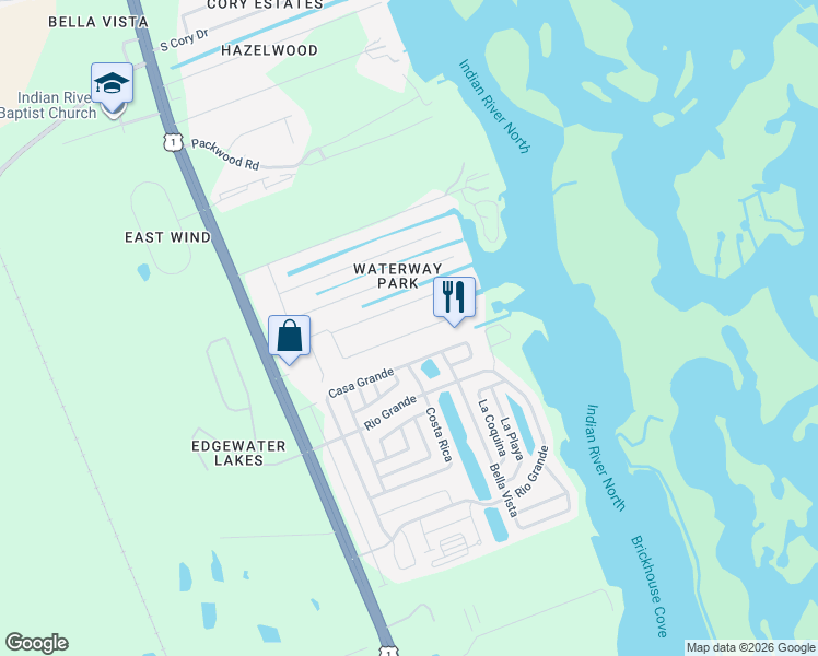 map of restaurants, bars, coffee shops, grocery stores, and more near 144 Hibiscus Road in Edgewater