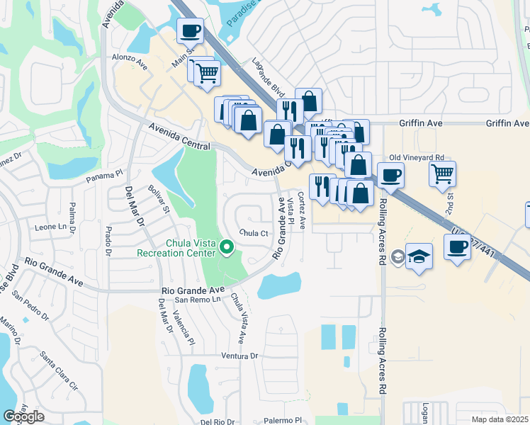 map of restaurants, bars, coffee shops, grocery stores, and more near 749 Agua Way in Lady Lake