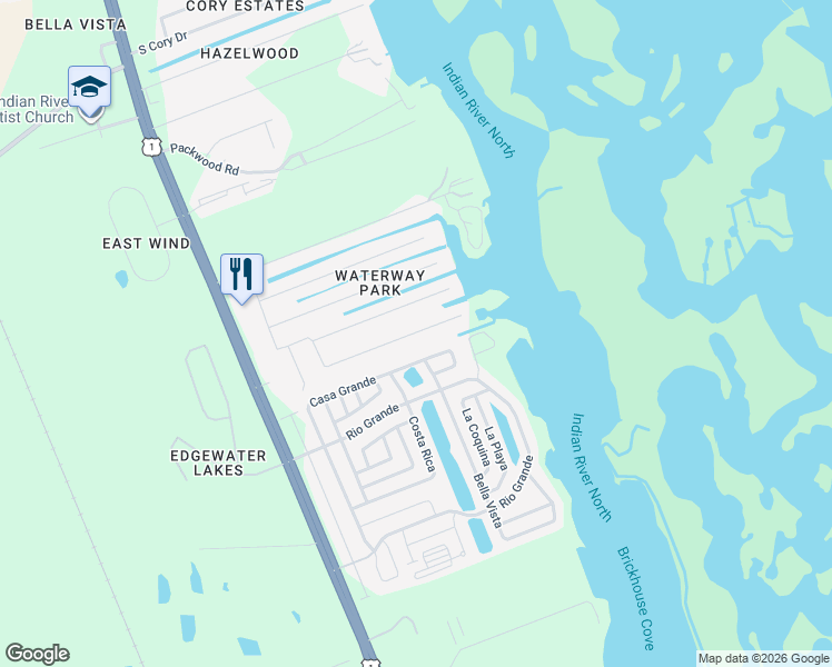 map of restaurants, bars, coffee shops, grocery stores, and more near 163 Poinciana Road in Edgewater