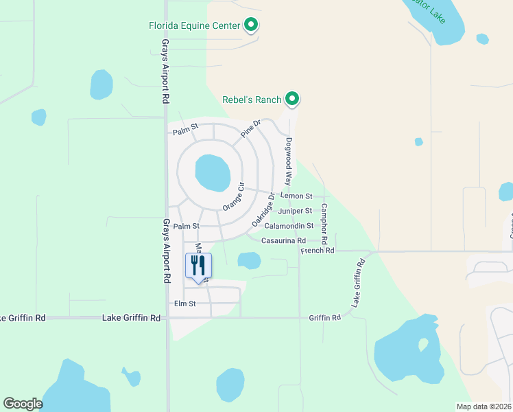 map of restaurants, bars, coffee shops, grocery stores, and more near 40122 Palm Street in Lady Lake