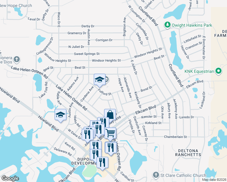 map of restaurants, bars, coffee shops, grocery stores, and more near 2802 Fulford Street in Deltona
