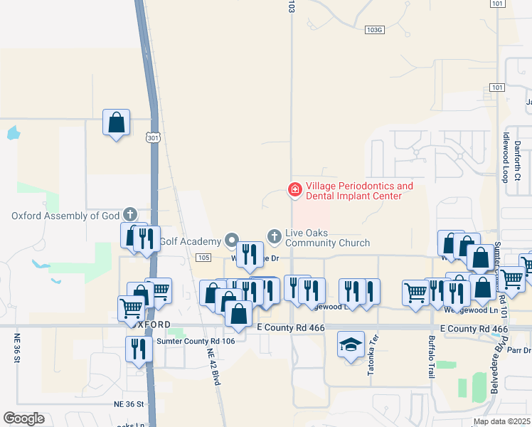map of restaurants, bars, coffee shops, grocery stores, and more near 12120 County Road 103 in Oxford