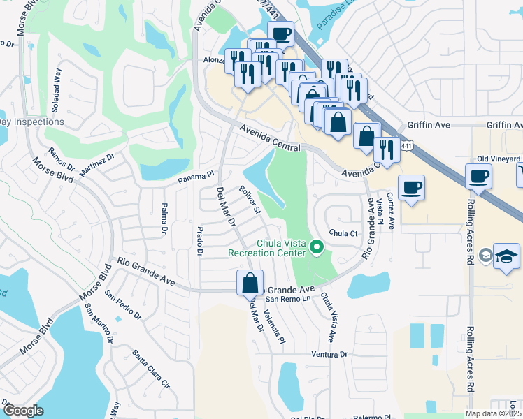 map of restaurants, bars, coffee shops, grocery stores, and more near 809 Bolivar Street in Lady Lake