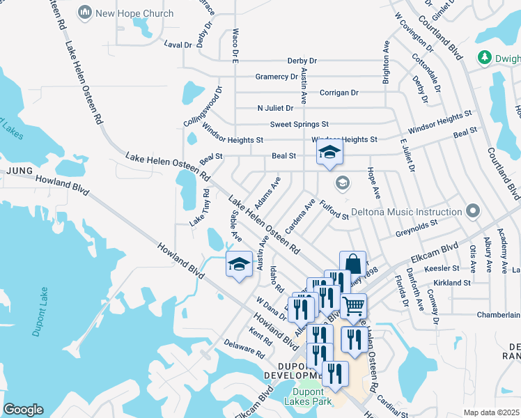 map of restaurants, bars, coffee shops, grocery stores, and more near 2417 Adams Avenue in Deltona