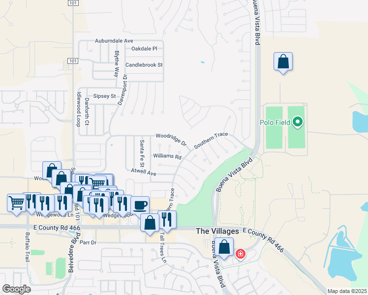 map of restaurants, bars, coffee shops, grocery stores, and more near 3212 Woodridge Drive in The Villages