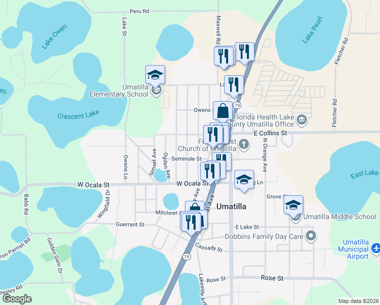 map of restaurants, bars, coffee shops, grocery stores, and more near 512 Winogene Avenue in Umatilla