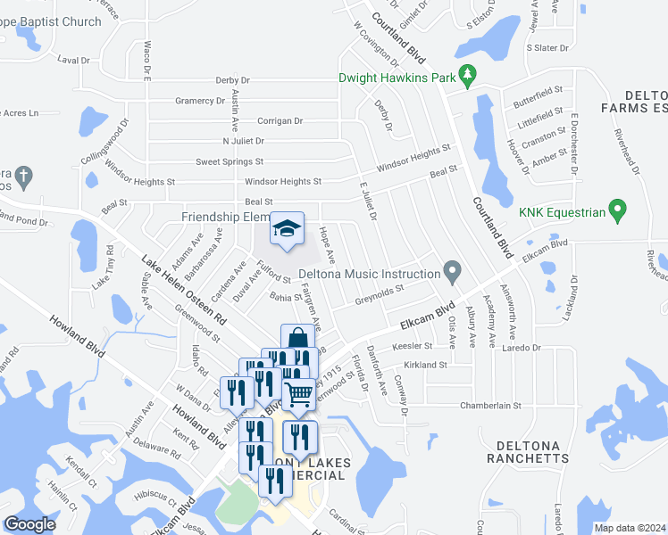 map of restaurants, bars, coffee shops, grocery stores, and more near 2450 Hope Avenue in Deltona