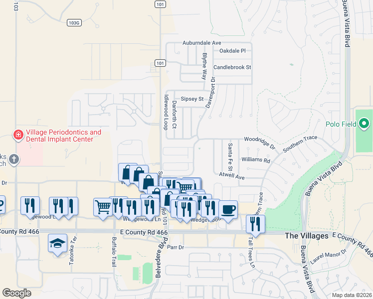 map of restaurants, bars, coffee shops, grocery stores, and more near 3460 Amelia Avenue in The Villages