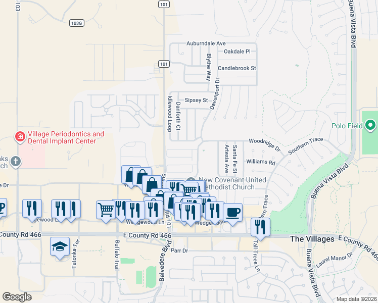 map of restaurants, bars, coffee shops, grocery stores, and more near 3460 Amelia Avenue in The Villages