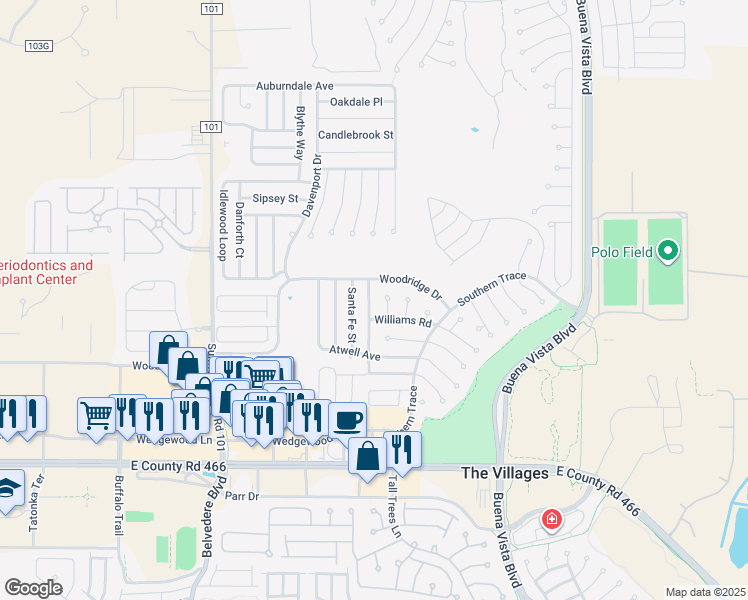 map of restaurants, bars, coffee shops, grocery stores, and more near 767 Evelyn Drive in The Villages