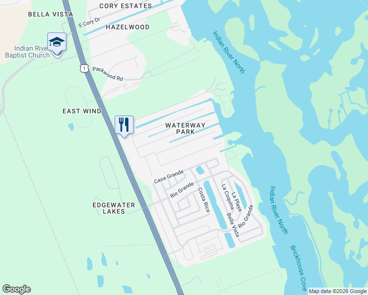map of restaurants, bars, coffee shops, grocery stores, and more near 144 Hibiscus Rd in Edgewater