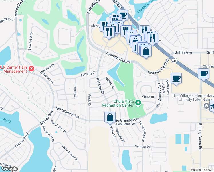 map of restaurants, bars, coffee shops, grocery stores, and more near 746 Prado Drive in Lady Lake