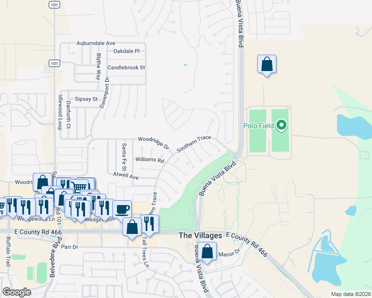 map of restaurants, bars, coffee shops, grocery stores, and more near 3195 Hudson Court in The Villages