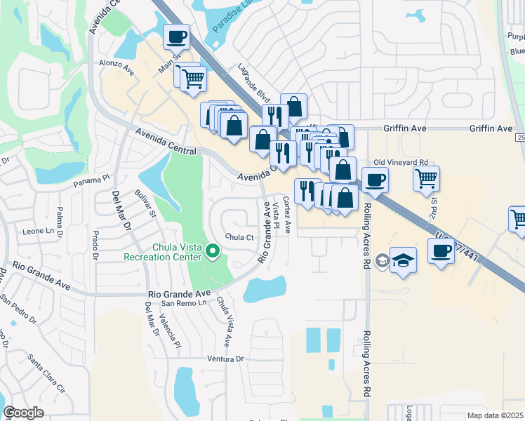 map of restaurants, bars, coffee shops, grocery stores, and more near 749 Agua Way in Lady Lake