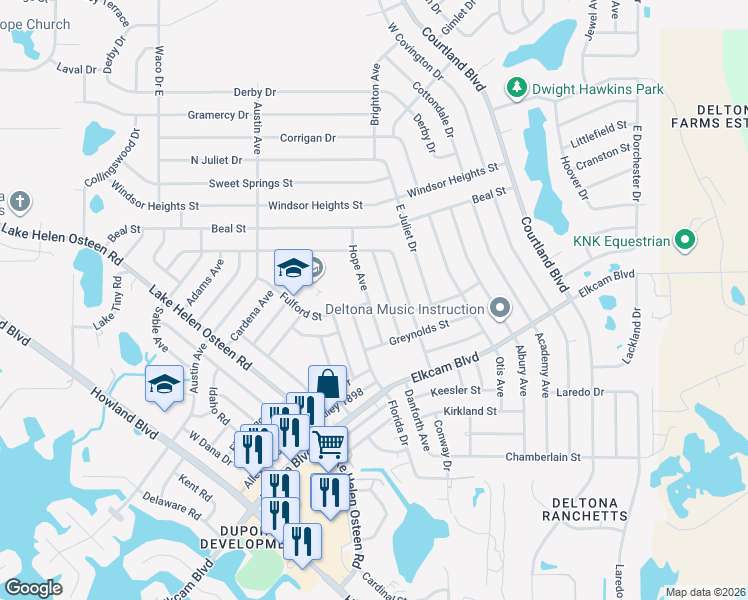 map of restaurants, bars, coffee shops, grocery stores, and more near 2453 Hope Avenue in Deltona