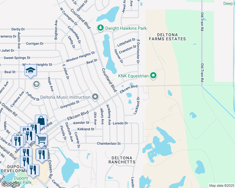 map of restaurants, bars, coffee shops, grocery stores, and more near Courtland Blvd & Elkcam Blvd in Deltona