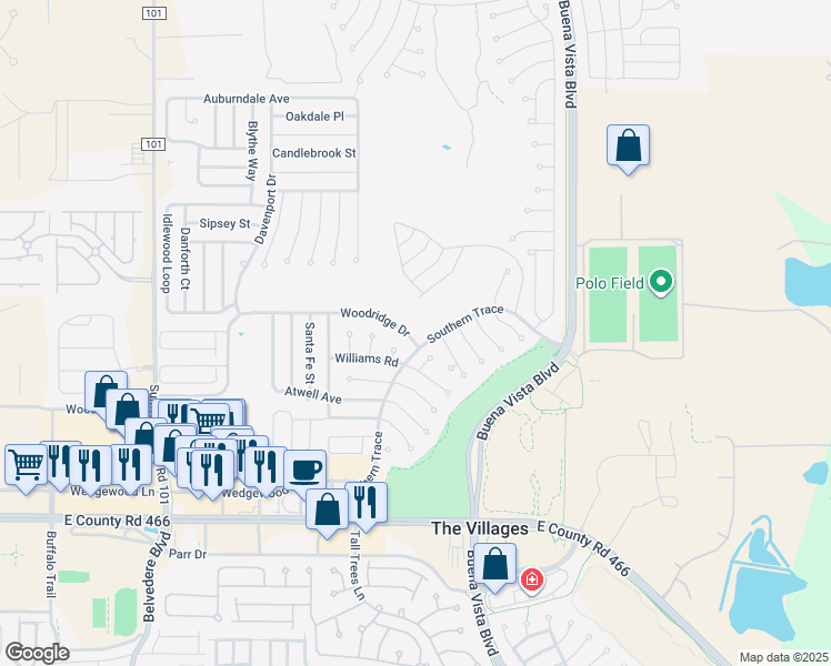 map of restaurants, bars, coffee shops, grocery stores, and more near 3212 Woodridge Drive in The Villages