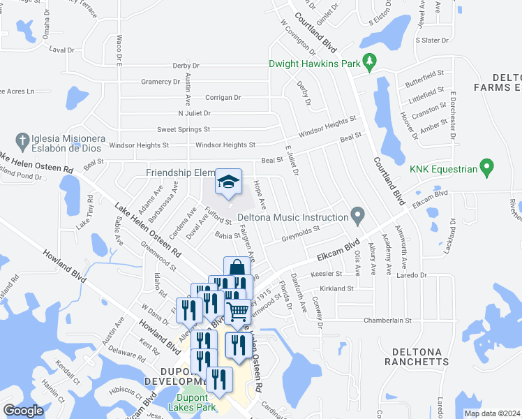 map of restaurants, bars, coffee shops, grocery stores, and more near 2454 Hope Avenue in Deltona