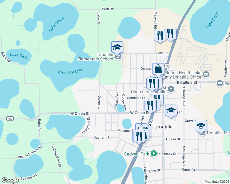 map of restaurants, bars, coffee shops, grocery stores, and more near 552 Sunset Avenue in Umatilla