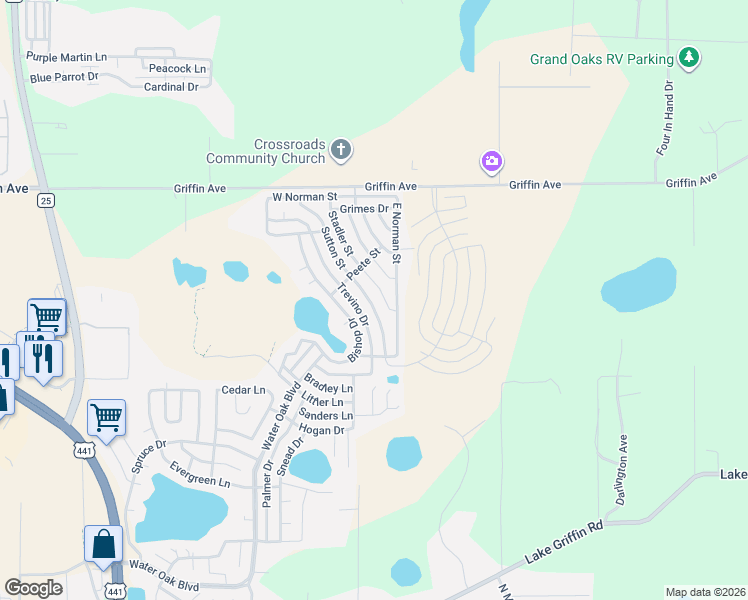 map of restaurants, bars, coffee shops, grocery stores, and more near 701-799 Sutton Street in Lady Lake