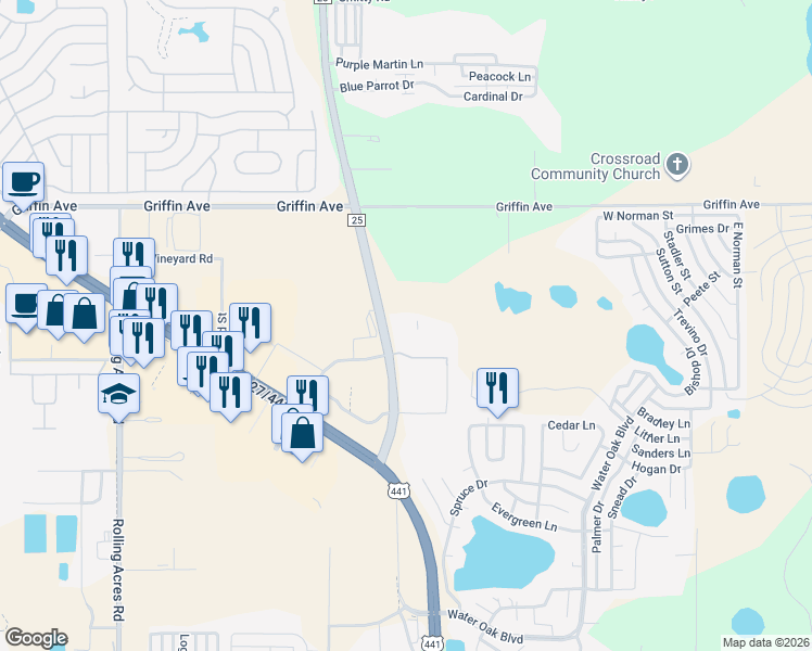 map of restaurants, bars, coffee shops, grocery stores, and more near 845 Teague Trail in Lady Lake
