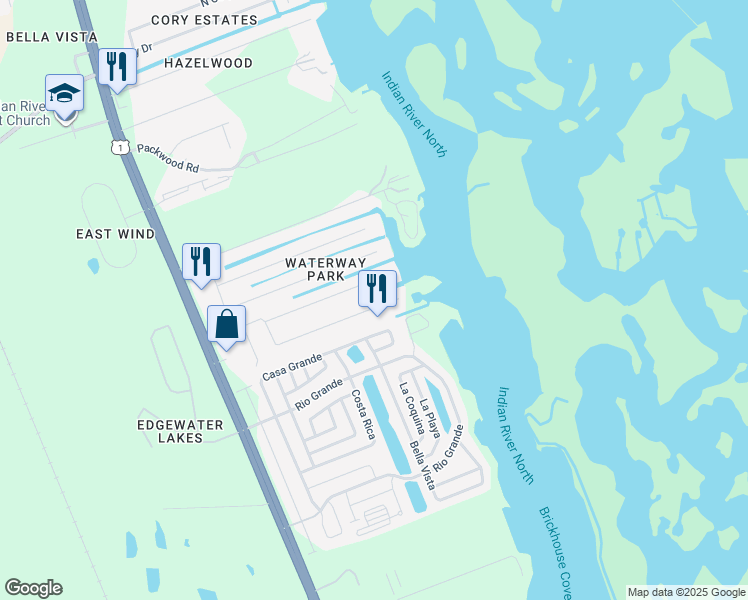 map of restaurants, bars, coffee shops, grocery stores, and more near 163 Poinciana Road in Edgewater