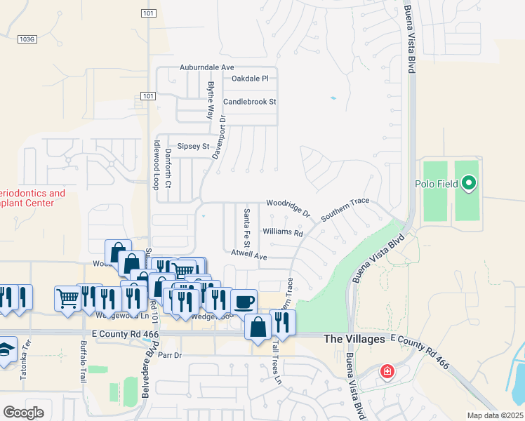 map of restaurants, bars, coffee shops, grocery stores, and more near 767 Evelyn Drive in The Villages