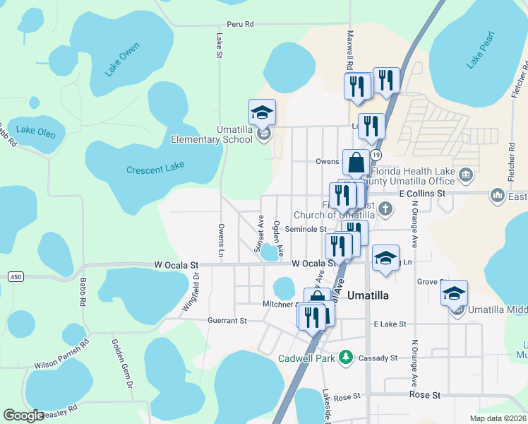 map of restaurants, bars, coffee shops, grocery stores, and more near 552 Sunset Avenue in Umatilla