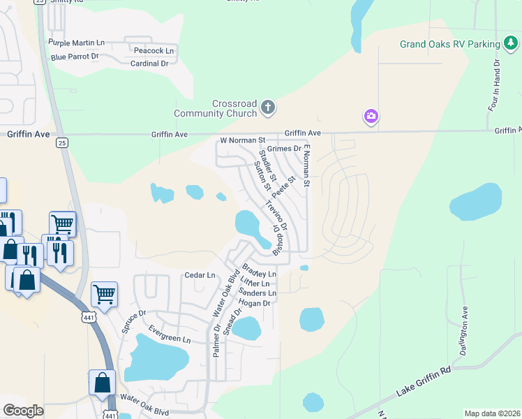 map of restaurants, bars, coffee shops, grocery stores, and more near 800 Peete Street in Lady Lake