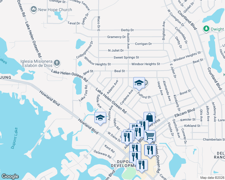 map of restaurants, bars, coffee shops, grocery stores, and more near 2433 Adams Avenue in Deltona